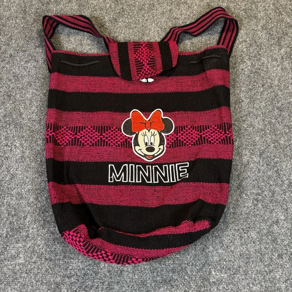 Disney Minnie Mouse Backpack Kids Medium Pink Black Woven Boho Striped Bag
